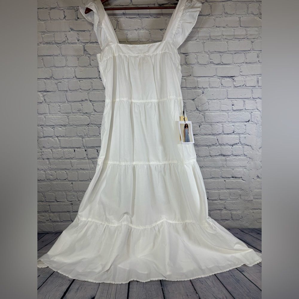 NWT NATION LTD White Amelia Vacation Beach Classic Minimalist Tier Midi Dress S